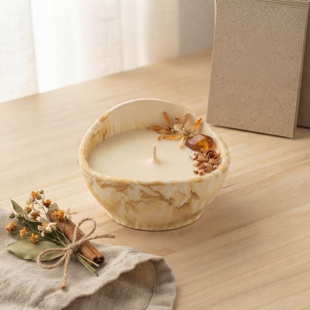 Vela Hora dorada en cuenco ovalado marmolado ocre, decorada con flores secas, virutas de madera y un detalle color ámbar