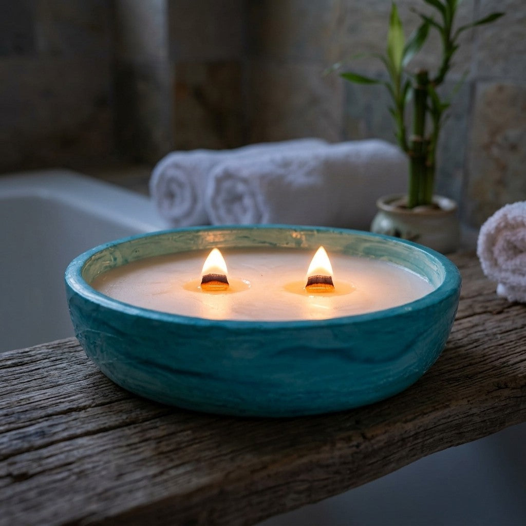 Vela Respira hondo encendida con sus dos mechas de madera junto a la bañera, con toallas blancas