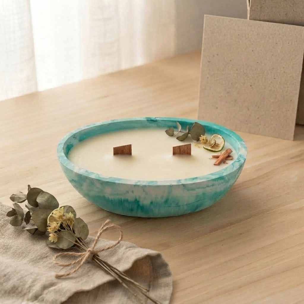 Vela Respira hondo en cuenco turquesa marmolado con dos mechas de madera, decorada con eucalipto, lima y canela