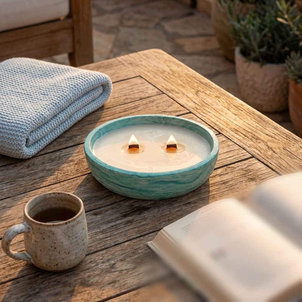 Vela Respira hondo encendida en una mesa de terraza al atardecer, junto a una taza de té y una manta