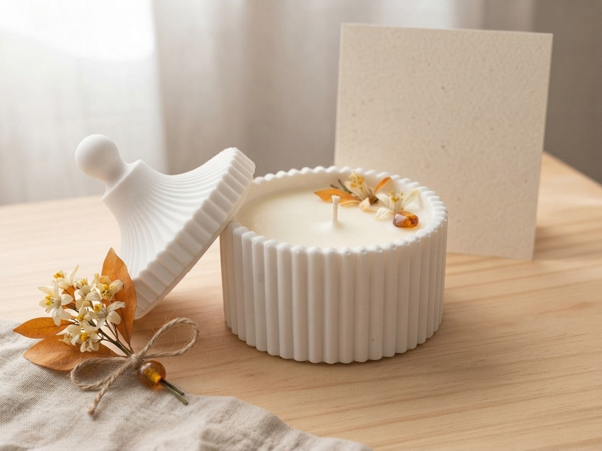 Vela Sábanas limpias en tarro acanalado blanco con tapa de cúpula, decorada con flores blancas secas