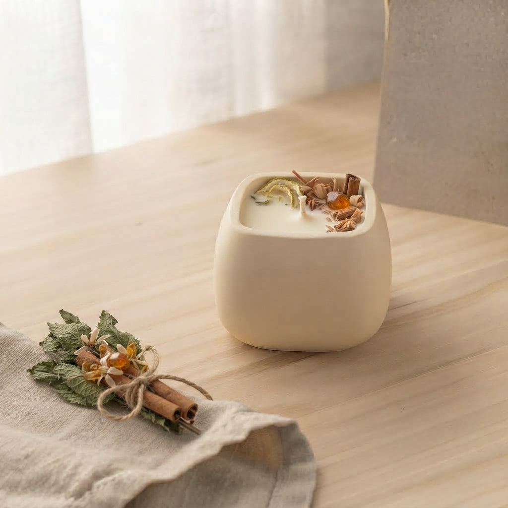 Vela Té a las cinco en tarro cuadrado color crema, decorada con piel de lima, canela y flores secas